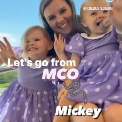 Woman and two children in matching purple dresses waving, text overlay: Let's go from MCO to Mickey.